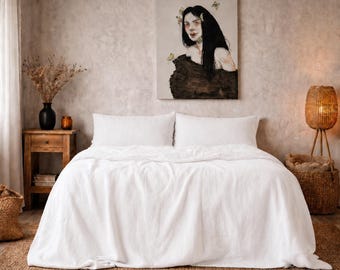 White Linen Duvet Cover Set, Minimalist Bedding, Soft Washed Linen, Rustic Bedroom Decor, Neutral Boho Bedding, King Queen Size Bed Set