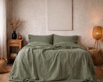 Sage Green Linen Duvet Set, Washed Flax Bedding, Soft Natural Linen Comforter Cover, Farmhouse Bedroom Decor, Eco Friendly Bedding Set,