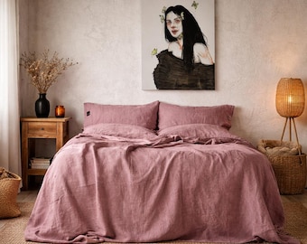 Dusty Rose Linen Duvet Cover Set, Soft Washed Linen Bedding, Minimalist Rustic Bedroom Decor, Breathable Natural Linen Quilt Cover,