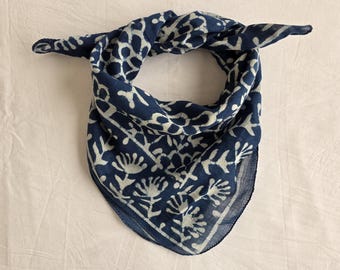 Indigo Blue Hand Block Print Bandana | 100% Cotton Bandana | Floral Ethnic Scarf | Handmade Indian Bandana | Boho Hair Scarf & Neckerchief
