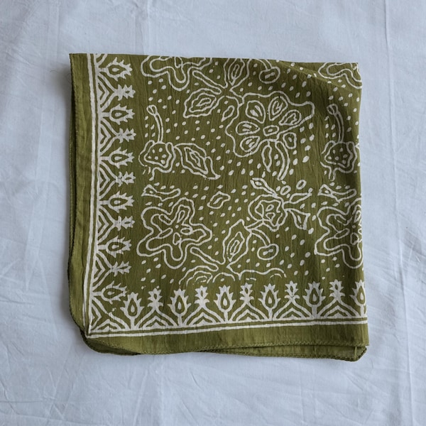 Green Hand Block Print Bandana | 100% Cotton Bandana | Floral Ethnic Scarf | Handmade Indian Bandana | Boho Hair Scarf & Neckerchief