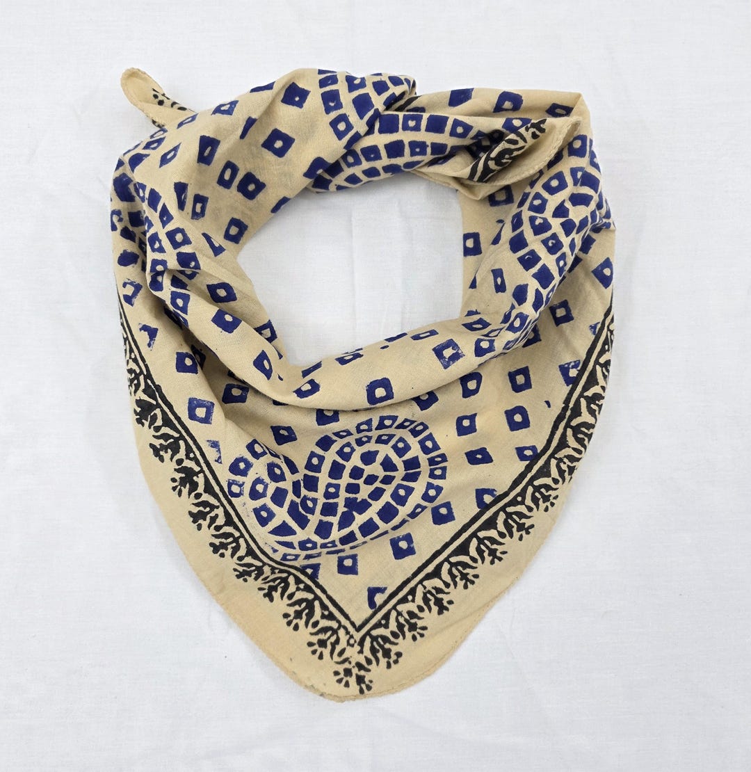 Hand Block Print Cotton Bandana | Indigo Blue & Natural Beige Paisley