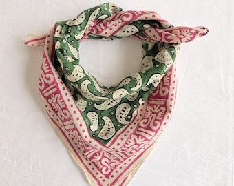 Hand Block Print Cotton Bandana | Green & Pink Paisley Bandana |  Sustainable Head Scarf Vintage Style Hand Block Print Bandana