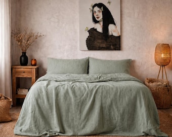 Sage Green Linen Duvet Cover Set, Soft Washed Bedding, Minimalist Bedroom Decor, Natural Linen Comforter, Rustic Farmhouse Bedding,