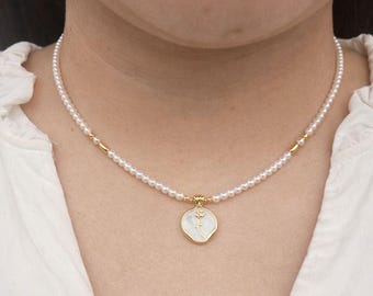 Pearl Necklace with Gold Flower Pendant | Elegant Minimalist Jewelry