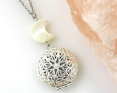 Moon Diffuser Necklace - Aromatherapy - Pearl Moon Necklace - Crescent Moon - Locket Necklace - Essential Oil Diffusing - Gift for Her