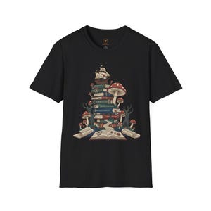 Vintage Stacked Books Landscape T-Shirt | Open Book to Pirate Ship