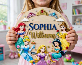 Custom Disney Princess Name Sign for Girl Room Decor, Personalized Wooden Nursery Wall Art, Cartoon Round Wood Sign, Baby Shower Gift Idea