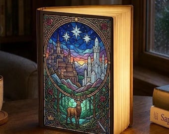 Throne of Glass Book Lamp, Stained Glass Style Terrasen Decor, ACOTAR Velaris Night Light, Sarah J Maas Gift, Fantasy Wooden Light Box