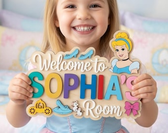 Personalized Cinderella Name Sign, Custom Princess Room Decor for Girls, Disney Inspired Wooden Door Hanger, Nursery Wall Art, Kids Gift