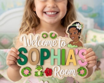 Personalized Tiana Door Sign, Princess and the Frog Decor, Custom Name Wood Sign, Girls Room Wall Art, Disney Princess Nursery Decor