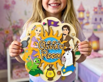 Personalized Rapunzel Tangled Wood Sign, Custom Name Girls Room Decor, Disney Princess Wall Art, Pascal Flynn Rider Maximus Hanging Decor
