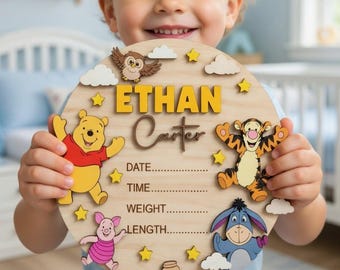 Winnie the Pooh Birth Announcement Sign, Wooden Newborn Stats Board, Personalized Pooh Tigger Piglet Eeyore Nursery Decor, Disney Baby Gift