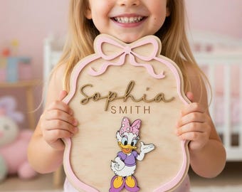 Personalized Daisy Duck Wooden Name Sign, Custom Disney Nursery Decor, Disney Girls Room Wall Art, Door Hanger, Gift for Baby Girl