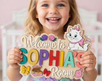Personalized Marie Cat Name Sign, Custom Disney Inspired Aristocats Nursery Decor, Wooden Door Hanger for Girls Room, 3D Layered Wall Art