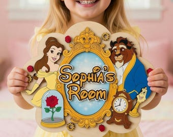 Personalized Beauty and the Beast Name Sign, Belle Princess Room Decor, Custom Wooden Door Hanger for Girls, Disney Inspired Nursery Art