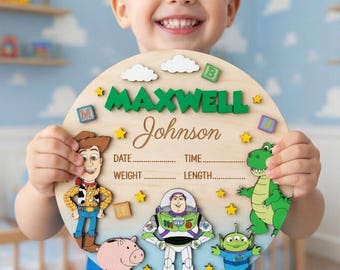 Toy Story Birth Announcement Sign, Wooden Newborn Stats Board, Woody Buzz Lightyear Rex Nursery Decor, Personalized Disney Baby Name Sign