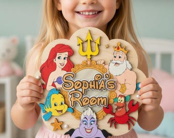Personalized Little Mermaid Wooden Name Sign, Ariel Ursula Sebastian Flounder Door Hanger, Custom Disney Nursery Decor, Girl Birthday Gift