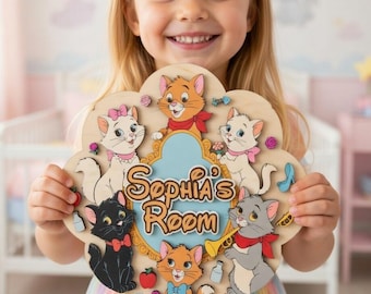 Aristocats Personalized Wooden Name Sign, Marie Cat Nursery Decor, Custom Name Room Sign, Disney Cat Door Hanger, Duchess Berlioz Wall Art