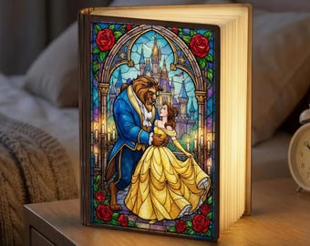 Beauty and the Beast Book Lamp, Stained Glass Belle Night Light, Fairy Tale Room Decor, Romantic Anniversary Gift, Book Lover Folding Lamp