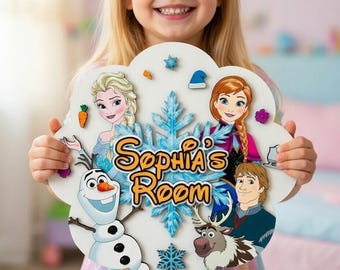 Frozen Elsa Anna Personalized Wooden Name Sign, Custom Kids Room Wall Art, Disney Nursery Decor, Olaf Kristoff Sven Door Hanger