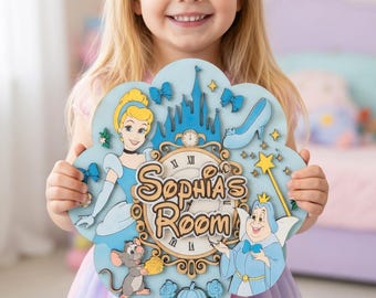 Cinderella Personalized Wooden Name Sign, Custom Name Disney Princess Room Decor, Fairy Godmother Nursery Wall Art, 3D Wood Door Hanger