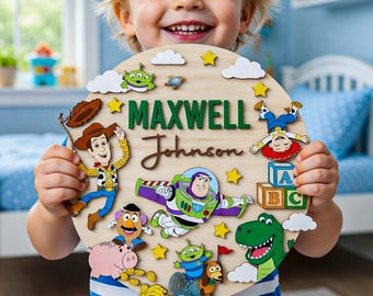 Spersonalizowany drewniany szyld z imieniem Toy Story, spersonalizowana drewniana dekoracja ścienna z imieniem dla dzieci, szyld do pokoju Toy Story, szyld do pokoju dziecięcego, szyld do sypialni Toy Story
