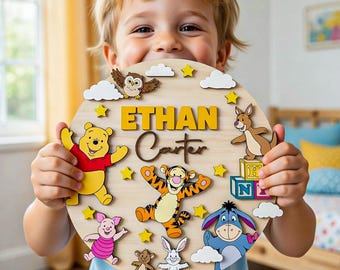 Personalized Winnie the Pooh Wood Name Sign, Custom Disney Nursery Decor, Classic Pooh Art, Baby Shower Gift, Kids Room Sign