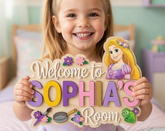 Personalized Rapunzel Wooden Name Sign, Sophia's Room Door Hanger, Custom Tangled Disney Princess Wall Art, Disney Nursery Decor