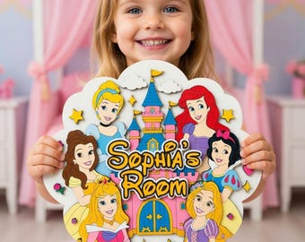 Personalized Disney Princess Wooden Name Sign, Custom Girls Room Wall Art, Princess Castle Nursery Decor, Disney Door Hanger, Gift for Her