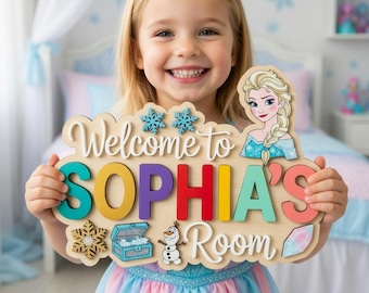 Personalized Frozen Elsa Door Sign, Custom Name Girls Room Decor, Olaf Frozen Wood Sign, Elsa Bedroom Wall Art, Kids Hanging Name Plate