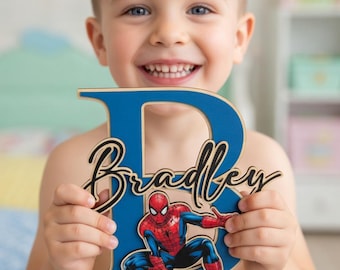 Personalized Spiderman Wooden Name Sign, Custom Name Initial Letter, Superhero Boys Bedroom Decor, Spidey Wall Art, Marvel Fan Gift