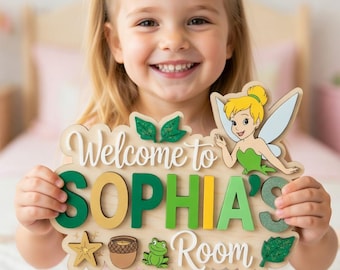 Personalized Tinker Bell Name Sign, Tinkerbell Fairy Wood Decor, Custom Disney Nursery Art, Sophia's Room Door Hanger, Kids Wall Decor