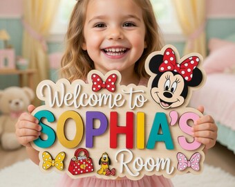 Personalized Minnie Mouse Door Sign, Custom Name Girls Room Decor, Disney Minnie Mouse Wall Art, Pluto Wood Sign, Hanging Kids Decor