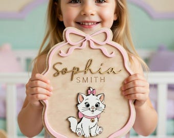 Personalized Marie Cat Wooden Name Sign, Disney Aristocats Nursery Decor, Custom Name Door Hanger, Disney Cat Wall Art, Baby Girl Gift