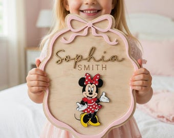 Personalized Minnie Mouse Wooden Name Sign, Custom Disney Nursery Decor, Disney Girls Room Wall Art, Disney Door Hanger, Baby Girl Gift
