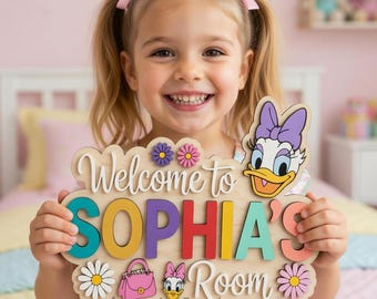 Personalized Daisy Duck Name Sign, Custom Disney Inspired Nursery Decor, Wooden Door Hanger for Girls Room, 3D Layered Wood Art, Kids Gift