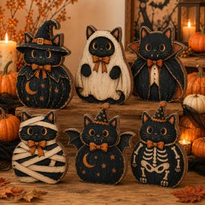 Blocco di legno con gatto nero di Halloween, insegna spettrale con gatto fantasma strega vampiro, simpatico scheletro mummia da mensola, decorazione rustica autunnale per la tavola.