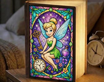 Personalized Tinker Bell Book Lamp, Disney Fairy Night Light, Stained Glass Fairy Tale Decor, Magical Gift for Her, Peter Pan Nursery Light