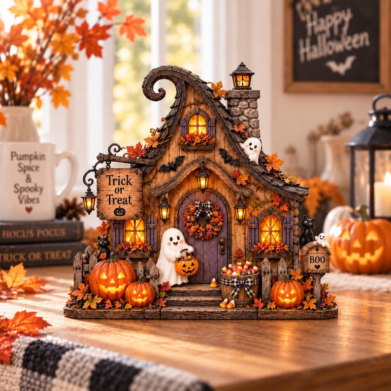 Halloween Haunted House Wooden Block, Trick or Treat Ghost Decor ...