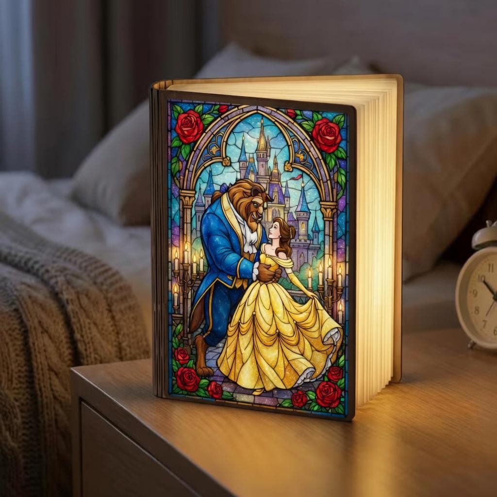 Beauty and the Beast Book Lamp, Stained Glass Belle Night Light, Fairy ...