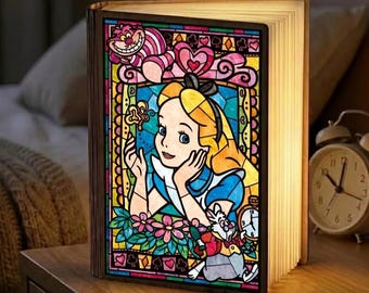 Alice in Wonderland Book Lamp Stained Glass, Cheshire Cat Decor, White Rabbit Night Light, Fantasy Fairy Tale Reader Gift, Library Lamp