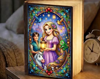 Rapunzel Stained Glass Style Book Lamp, Tangled Floating Lanterns Night Light, Disney Princess LED Book Light, Gift for Her, Nursery Decor