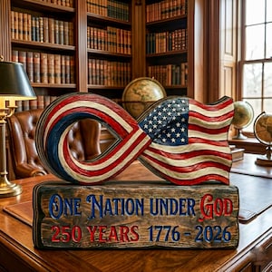 America 250 Wooden Block Sign, USA 250 Patriotic Wood Decor, One Nation Under God Infinity Flag Tabletop Decor, 250 Anniversary