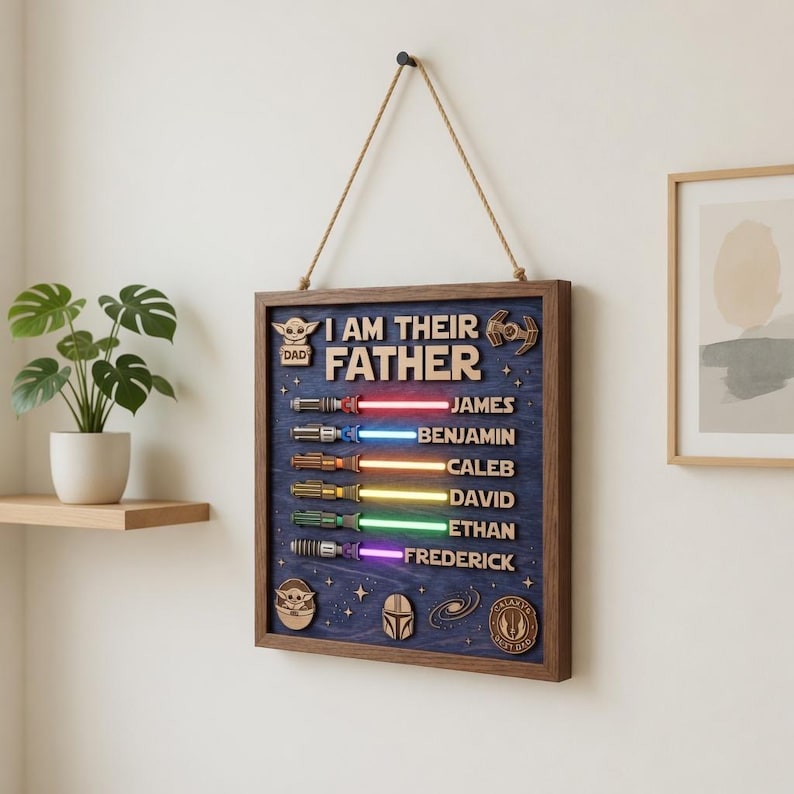 Może przedstawiać: Drewniana oprawiona grafika ścienna z napisem "I AM THEIR FATHER" oraz imionami James, Benjamin, Caleb, David, Ethan i Frederick. Każde imię jest połączone z projektem miecza świetlnego w r&oacute;żnych kolorach. Grafika zawiera ikony z motywem Gwiezdnych Wojen.