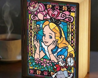 Lámpara de Alicia en el País de las Maravillas, Lámpara de noche de vidrieras del Gato de Cheshire, Rincón de lectura personalizado de Disney, Lámpara del Conejo Blanco, Regalo para amantes de los libros