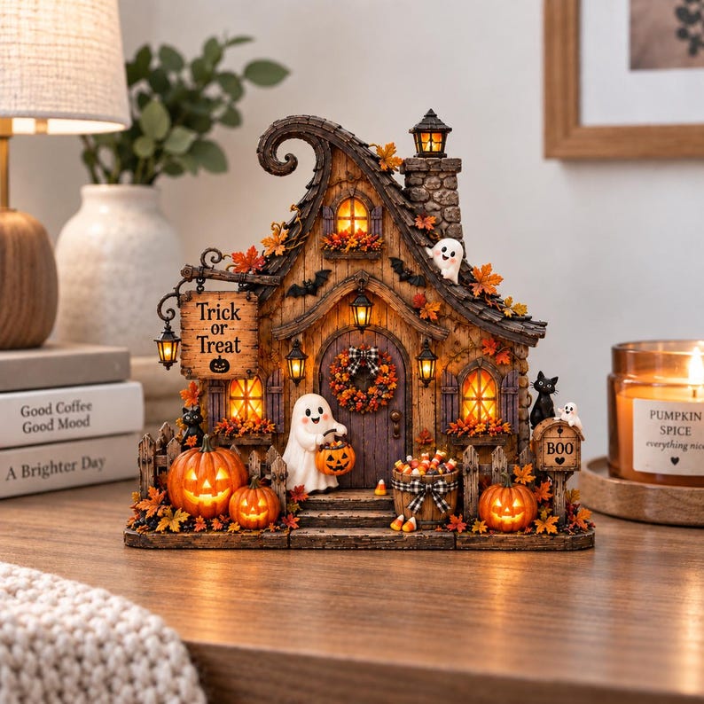 Halloween Haunted House Wooden Block, Trick or Treat Ghost Decor ...