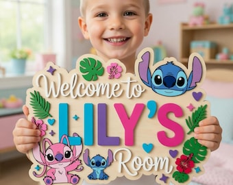 Personalized Stitch and Angel Wooden Name Sign, Custom Kids Room Door Hanger, Nursery Wall Decor, Tropical Girls Bedroom Decor