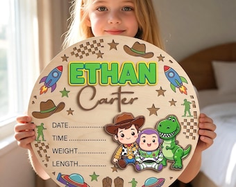 Toy Story Birth Announcement Sign, Baby Stats Plaque, Custom Wood Name Sign, Toy Story Nursery Decor, New Baby Gift, Newborn Photo Prop