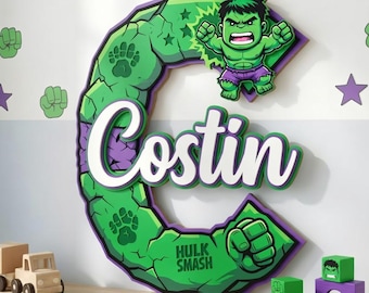 May include: A large, green, letter C-shaped wall sign featuring a cartoon Hulk character, the name Costin in white script, and the text Hulk Smash. The sign has a cracked stone texture with purple accents and green fist icons throughout.